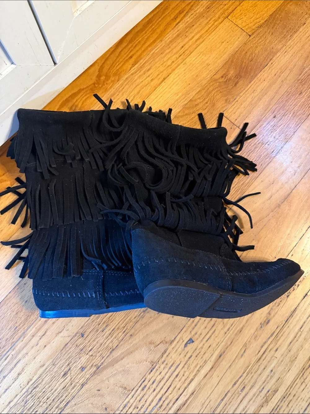 Minnetonka Black Suede Triple-Fringe Moccasin Boots